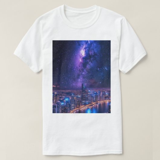 City of Stars: Futuristic Skyline Under a Galactic Tシャツ (デザイン正面)