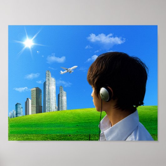 City Skyline Headphones Frutiger Aero ポスター (正面)