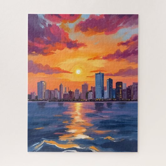 City Skyline Sunset Watercolor Art ジグソーパズル (縦)