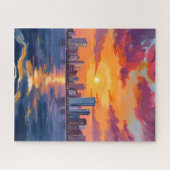 City Skyline Sunset Watercolor Art ジグソーパズル (横)