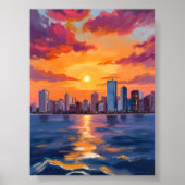 City Skyline Sunset Watercolor Art ポスター (正面)