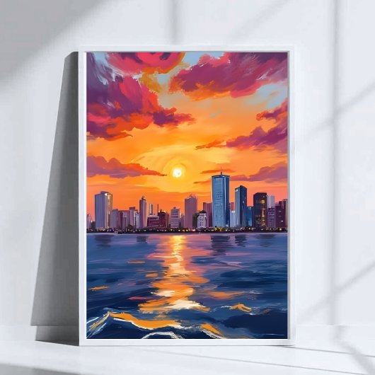 City Skyline Sunset Watercolor Art ポスター