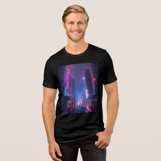 CITY SOUL – Neon Cyberpunk Skyline Design トライブレンドＴシャツ (正面全面)