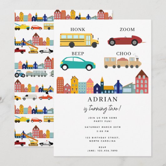 City Transportation Vehicles Truck Second Birthday 招待状 (正面/裏面)