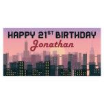 Cityscape 21st Birthdayバナーパーティーデコー<br><div class="desc">カラーインク付き光沢コートヘビーウェイト紙鮮やかで印刷。簡単つるを使用してパーティーを表示</div>
