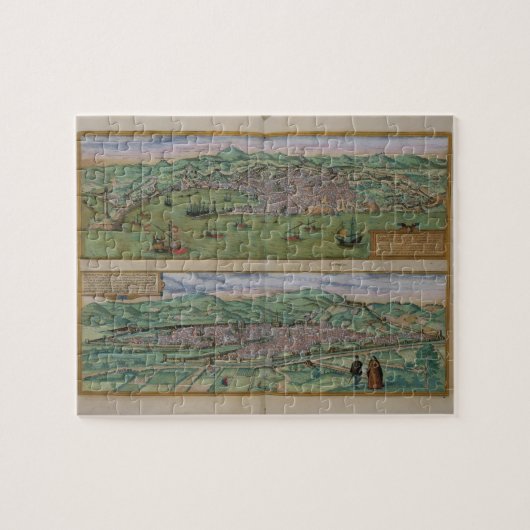 「Civitates Orbis Tからのジェノアそしてフィレンツェの地図、 ジグソーパズル (横)