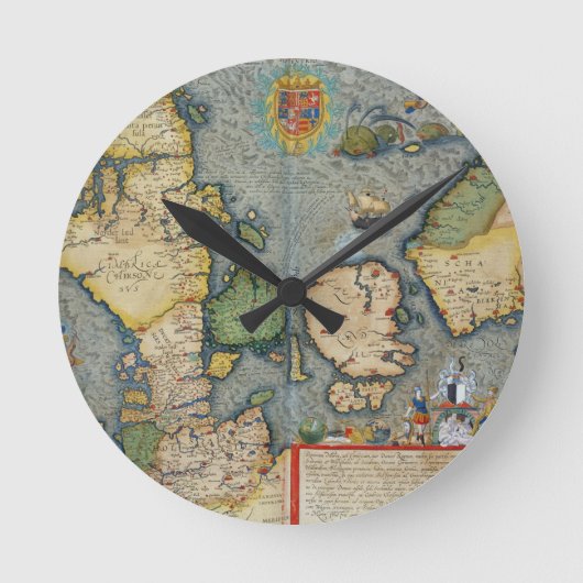 「Civitates Orbis Terrからの北欧の地図、 ラウンド壁時計 (正面)