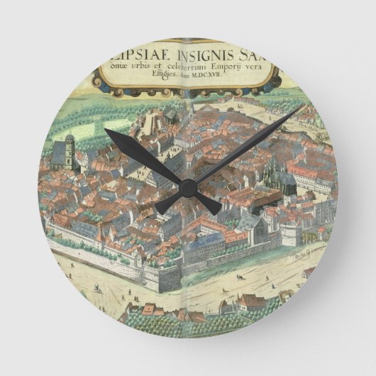 「Civitates Orbis Terrarum」からのライプチヒの地図、 ラウンド壁時計 (正面)