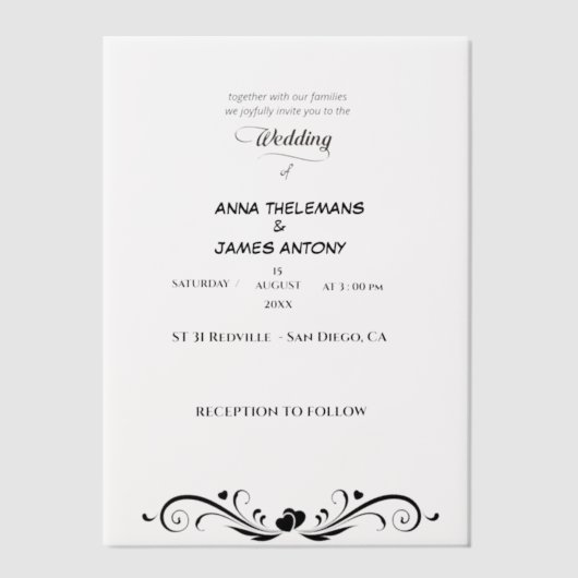 Clエレガント付き白黒結婚式招待状 ベラム紙招待状 (正面)