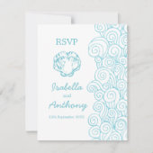 Clam shell & swirls blue & white art wedding RSVP (正面)