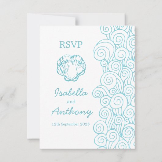 Clam shell & swirls blue & white art wedding RSVP (正面)
