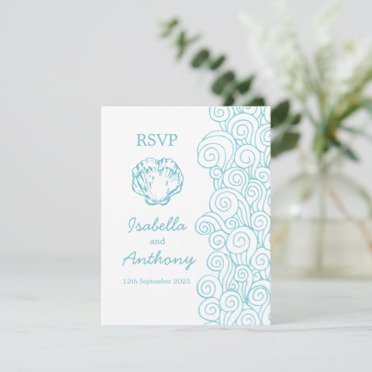 Clam shell & swirls blue & white art wedding RSVP (スタンド正面)