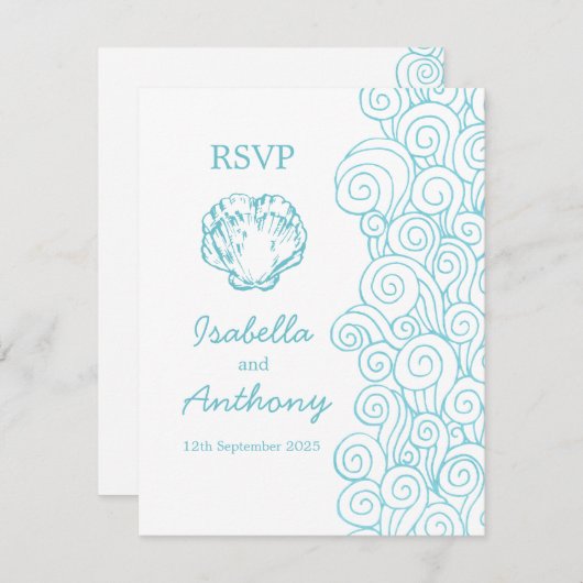 Clam shell & swirls blue & white art wedding RSVP (正面/裏面)
