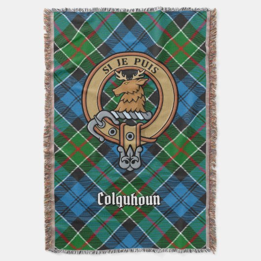 Clan Colquhoun Crest over Tartan スローブランケット (正面縦)