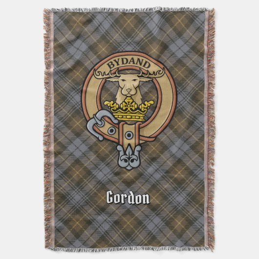 Clan Gordon Crest over Weathered Tartan スローブランケット (正面縦)
