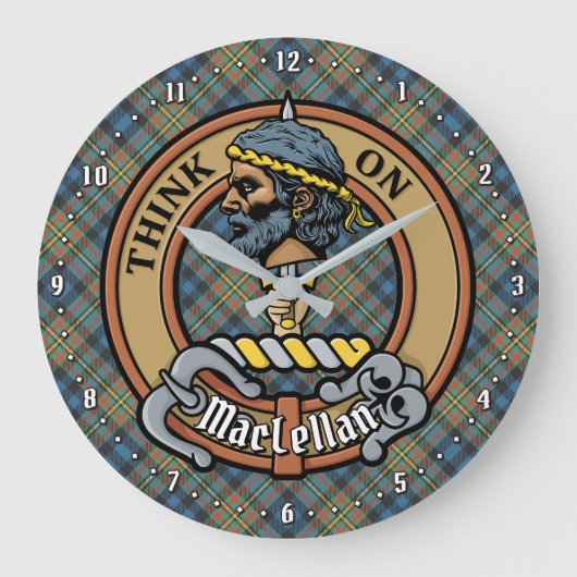 Clan MacLellan Crest over Ancient Tartan ラージ壁時計 (正面)