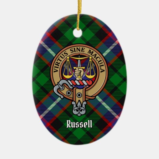 Clan Russell Crest over Tartan セラミックオーナメント (正面)