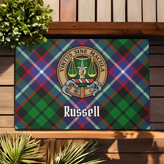 Clan Russell Crest over Tartan ドアマット