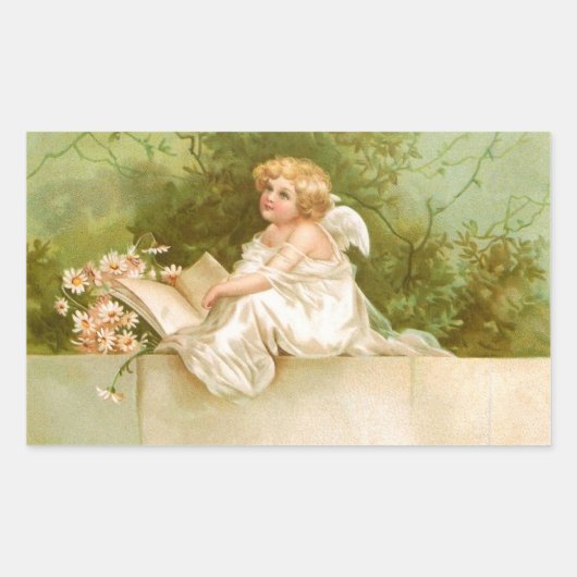 Clapsaddle: Angel with Book and Flowers 長方形シール (正面)