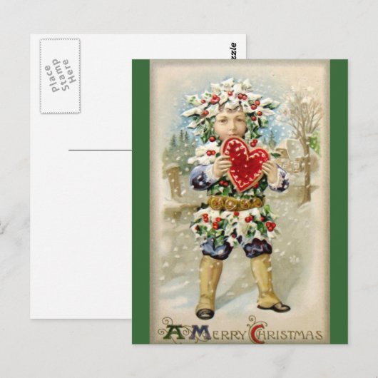 Clapsaddle: Holly Boy withハート ポストカード (正面/裏面)