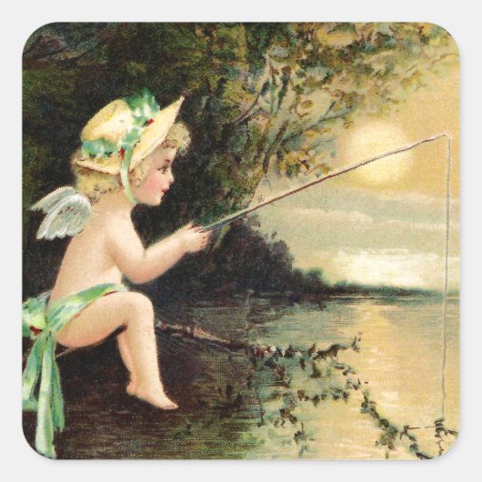 Clapsaddle: Little Cherub with魚釣り棒 スクエアシール (正面)