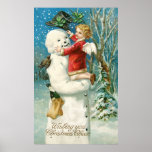 Clapsaddle: Snowman with Angel Girl ポスター<br><div class="desc">A charming vintage Christmas poster featuring a snowman with an angel girl,  painted by the American illustrator/commercial artist Ellen Hattie Clapsaddle.</div>