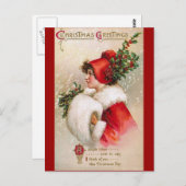 Clapsaddle: Winter Girl with Holly Hat ポストカード (正面/裏面)