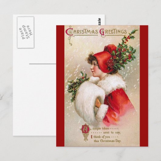 Clapsaddle: Winter Girl with Holly Hat ポストカード (正面/裏面)