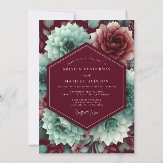 Claret Aquamarine Bloom Wedding 招待状 (正面)