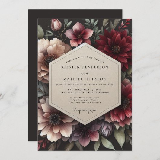 Claret Opulent Flora Wedding 招待状 (正面/裏面)