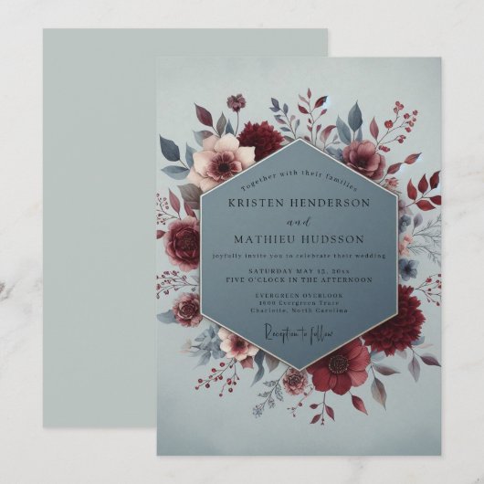 Claret Slate Painterly Bloom Wedding 招待状 (正面/裏面)