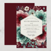 Claret Teal Moody Bloom Wedding 招待状 (正面/裏面)