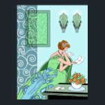 Clarice's Letter -アールデコファッションデザイン ポスター<br><div class="desc">クラリスは彼女の夕べのガウンにモダンアール・デコの椅子に座読り、手紙だ。彼女のドレスは対照的なサッシとスカート上の1920年代の花模様を様式化した。背景には、鱗片状の壁のスゾーン、渦巻き状の白い金属細工、および一致する渦巻き状の写真がある。壁のアートワークは、半透明の色のガラスをシミュレートし、コンポジションの他の部分と調整する色を特徴とする。テーブル上の花、家族と追加の手紙と封筒と一緒に、この美しい芸術デコファッションプリントを完了。このデザインは素晴らし8色の組み合わせで利用可能で、ポスターやプリント、名刺、郵便切手、ノートカード、はがき、マウスカード、iPhone 3、iPhone 4ケース、iPod Touchケース、iPadケース、差出人住所ラベルとして購入できる。アーティストNancy Lorene。</div>