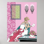 Clarice's Letter - Art Deco Fashion Design ポスター<br><div class="desc">Clarice sits in her evening gown in a modern art deco chair, reading a letter. Her dress has a contrasting sash and stylized 1920s florals on the skirt. In the background are scalloped wall sconces, swirling white metalwork and a framed picture with matching swirls. The artwork on the wall simulates...</div>