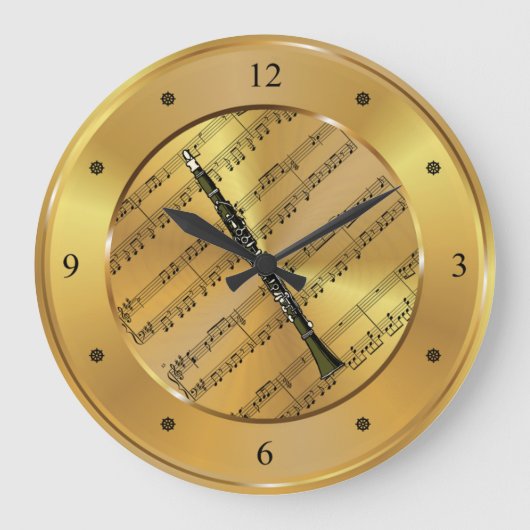 Clarinet ～楽譜～金ゴールド背景ユニーク～ ラージ壁時計 (正面)