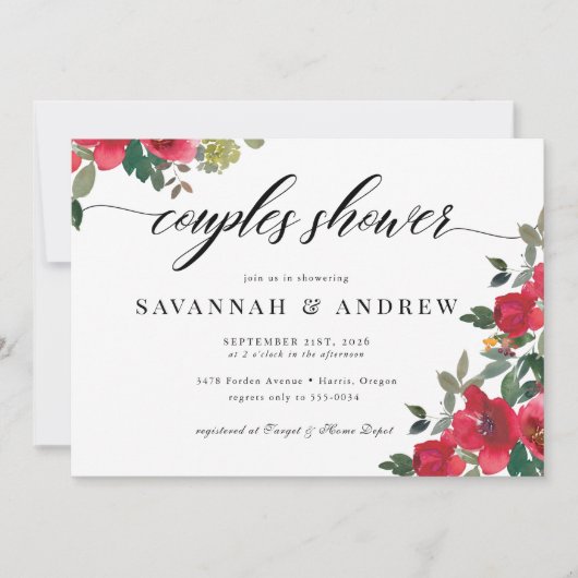 Clasic Floral Elegant Script Couples Bridal Shower 招待状 (正面)