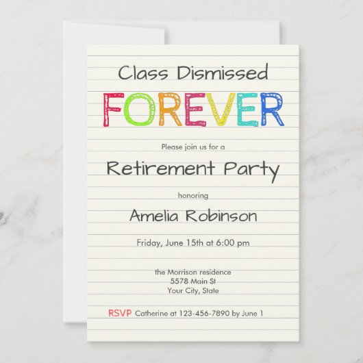 Class Dismissed Forever Teacher Retirement Party 招待状 (正面)