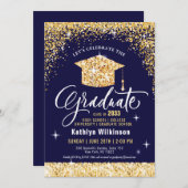 Class of 2023 Gold Glitter Blue Elegant Graduation 招待状 (正面/裏面)