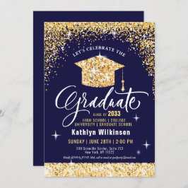 Class of 2023 Gold Glitter Blue Elegant Graduation 招待状
