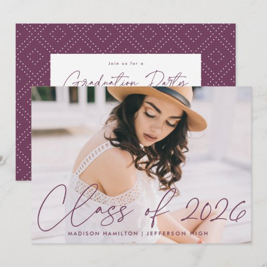Class of 2023 Purple Script Graduation Party 招待状 (正面/裏面)
