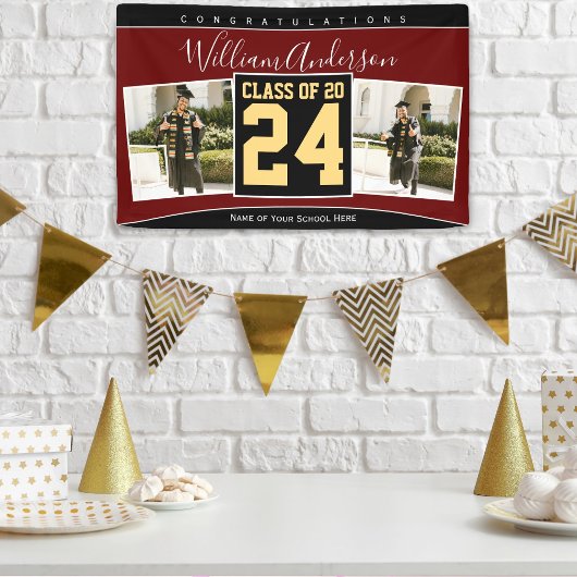 Class of 2024 Burgundy Black金ゴールド卒業写真 横断幕