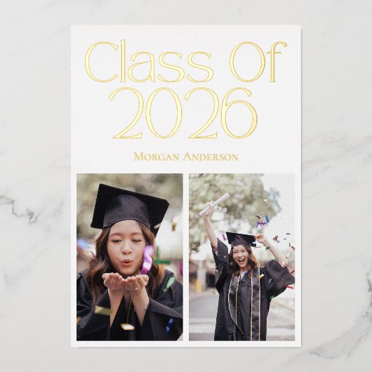 Class of 2026 2 Photo Black and Gold Typography 箔招待状 (正面)