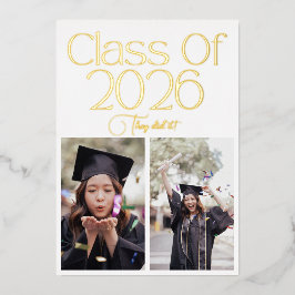 Class of 2026 2 Photo Twins Black Gold Typography 箔招待状