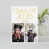 Class of 2026 2 Photo Twins Black Gold Typography 箔招待状 (立ち正面)