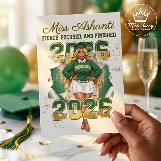 Class of 2026 Black Girl Graduation Green & Gold カード