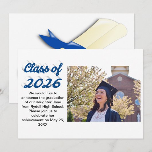 Class of 2026 blue script graduation photo 招待状 (正面/裏面)