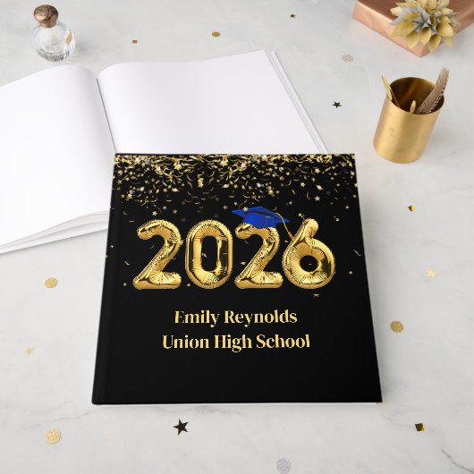 Class of 2026 Gold Balloons With Blue Cap ゲストブック (正面見開き)