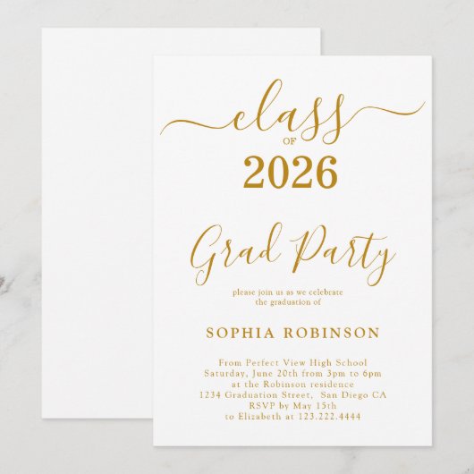 Class of 2026 Gold Script Modern Graduation Party 招待状 (正面/裏面)