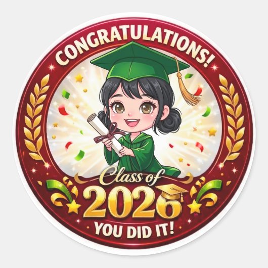 Class of 2026 Grad Girl - Green & Gold Keepsake Gi ラウンドシール (正面)