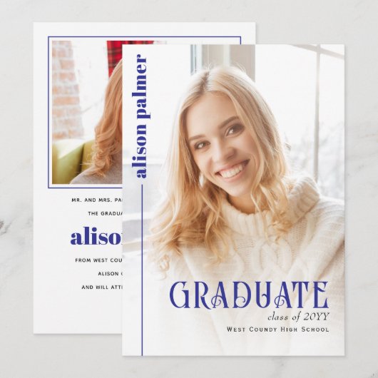Class of 2026 GRADUATE minimalist blue photo 案内状 (正面/裏面)